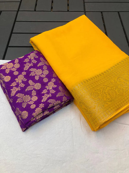 PURE CHIFFON JACQUARD BORDER WITH PALLU YELLOW SAREE