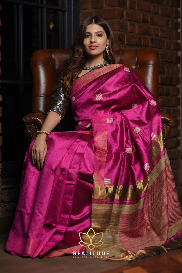 Pink Handwoven Tussar Raw Silk Saree