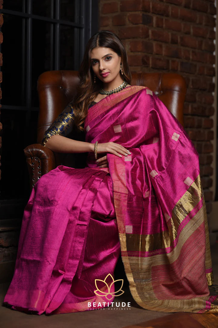 Pink Handwoven Tussar Raw Silk Saree