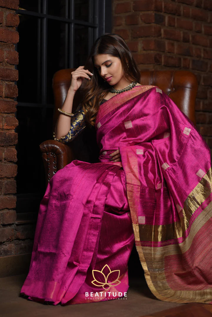 Pink Handwoven Tussar Raw Silk Saree