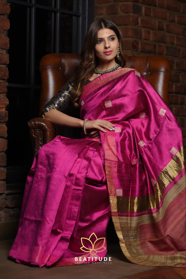 Pink Handwoven Tussar Raw Silk Saree