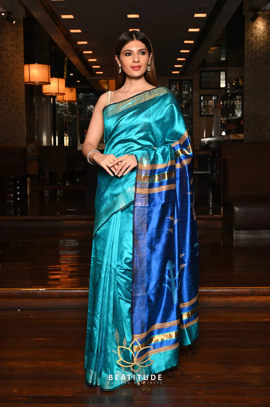 Blue Handwoven Dupion Raw Sik Saree