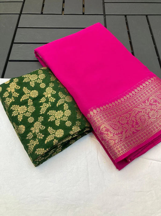 PURE CHIFFON JACQUARD BORDER WITH PALLU PINK SAREE