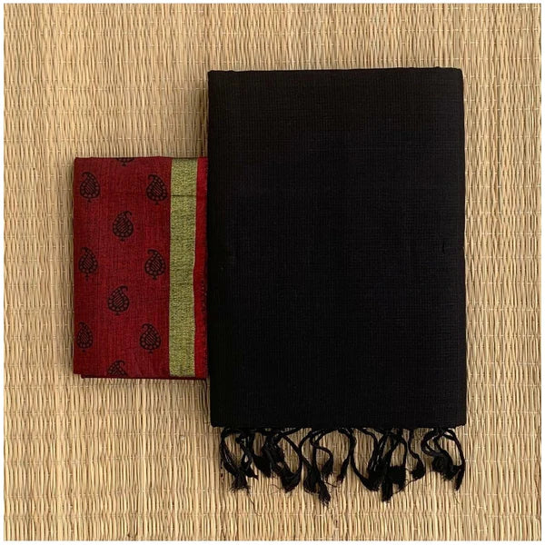 GLEAMING BLACK COLOUR TRADITIONAL LOOKING CHANDERI COTTON SAREE